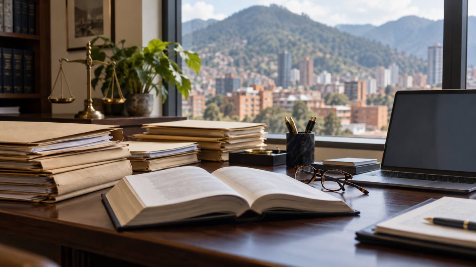 Escritorio de abogado con expedientes pensionales frente a los cerros de Bogotá